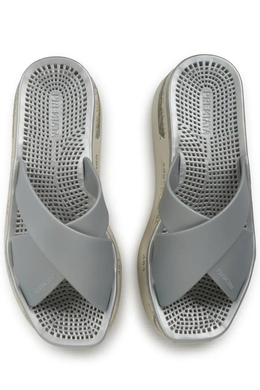 Premiata women’s sandalo moura silver gray cross-strap platform sandals with perforated insole and translucent sole