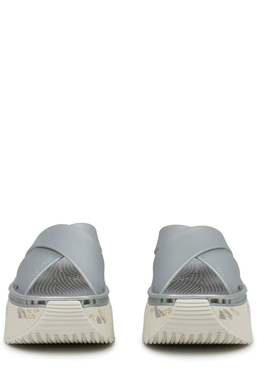 Premiata women’s sandalo moura silver gray cross-strap platform sandals with textured mesh insole and white rubber soles
