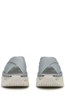 Premiata women’s sandalo moura silver gray cross-strap platform sandals with textured mesh insole and white rubber soles