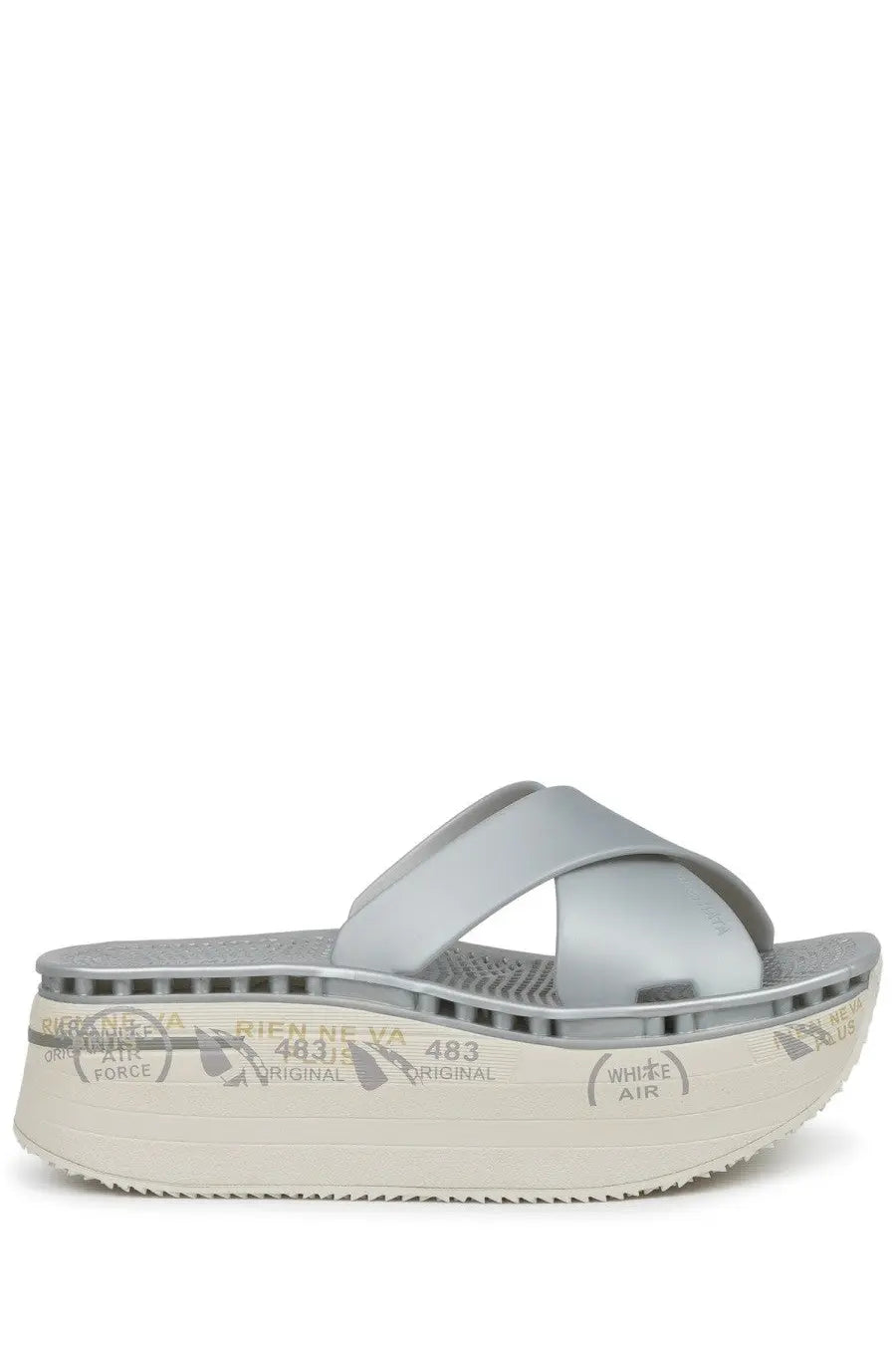 Premiata women’s sandalo Moura silver slide sandal with silver metallic upper and chunky sole featuring printed logos