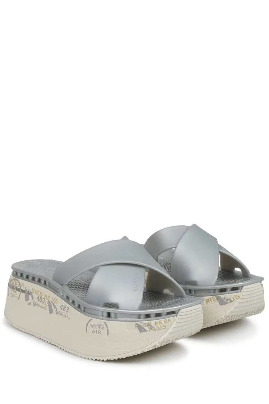 Premiata women’s sandalo moura silver platform sandals with glossy finish and bold graphic branding on soles