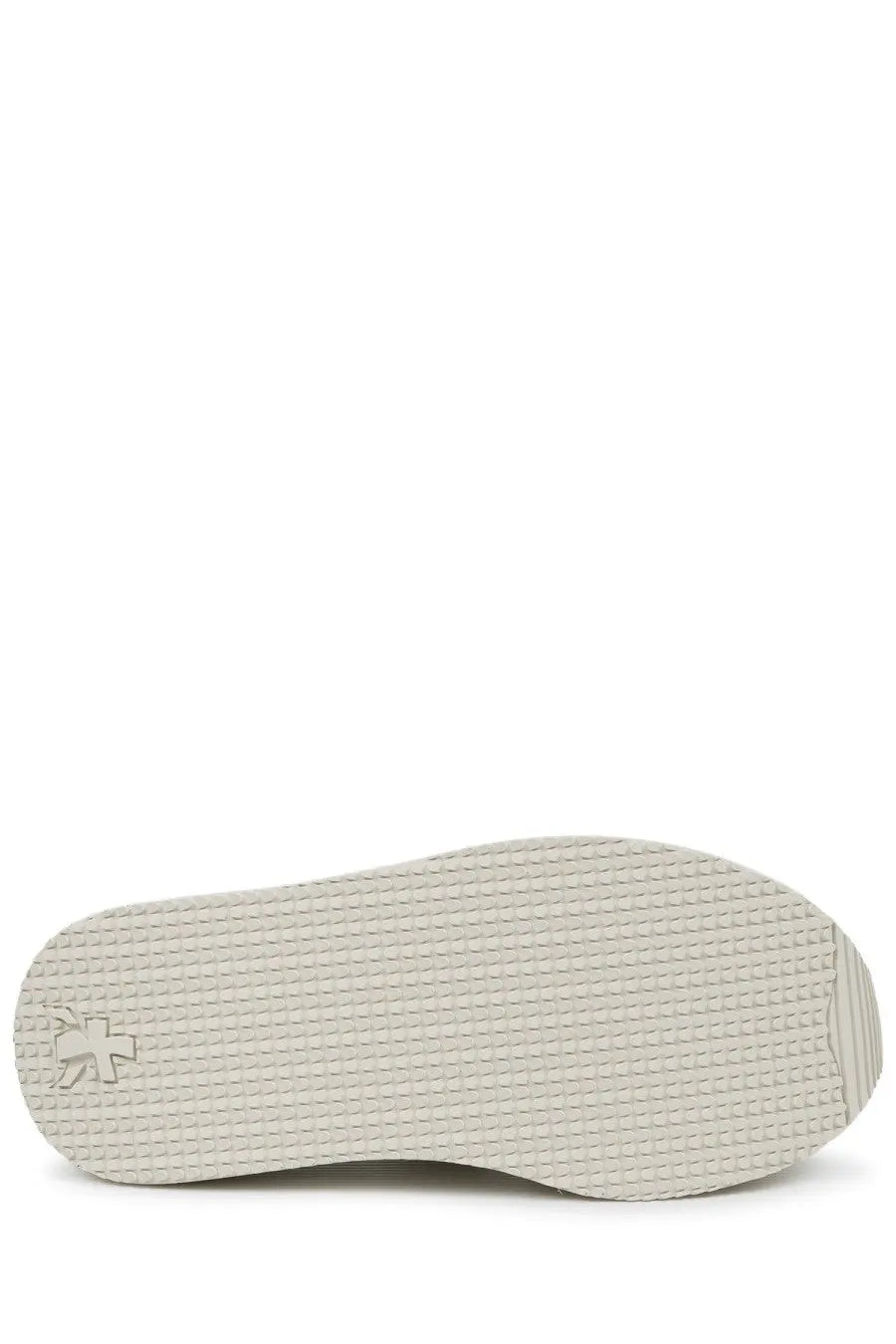 Back side of premiata women’s sandalo moura silver with off-white rubber sole textured grid pattern and embossed logo
