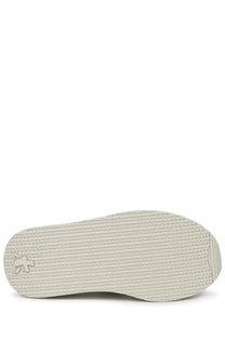 Back side of premiata women’s sandalo moura silver with off-white rubber sole textured grid pattern and embossed logo