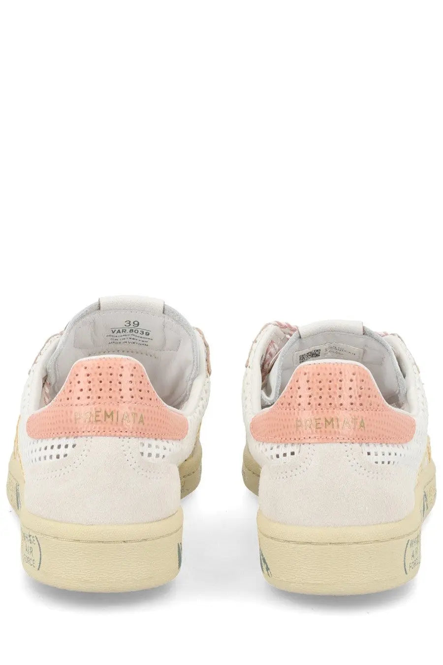 Premiata women’s sneaker bonnied white cream suede with soft pink perforated heel tab and subtle gold branding back view