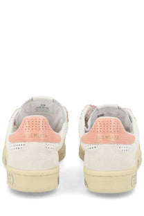 Premiata women’s sneaker bonnied white cream suede with soft pink perforated heel tab and subtle gold branding back view