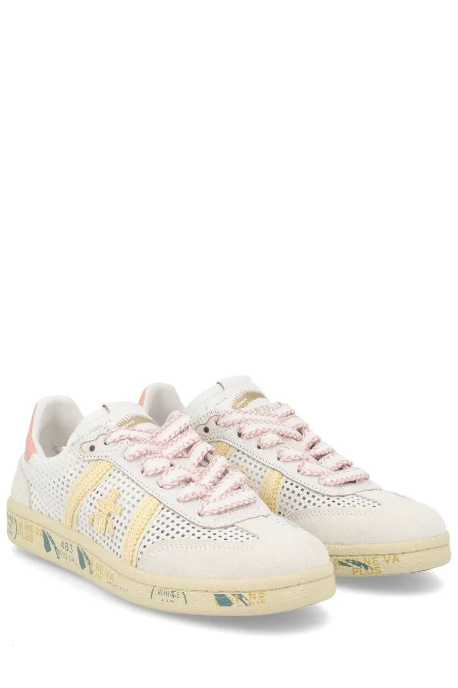 Premiata women’s sneaker Bonnied white with a perforated white and gold suede upper pink laces and rubber sole