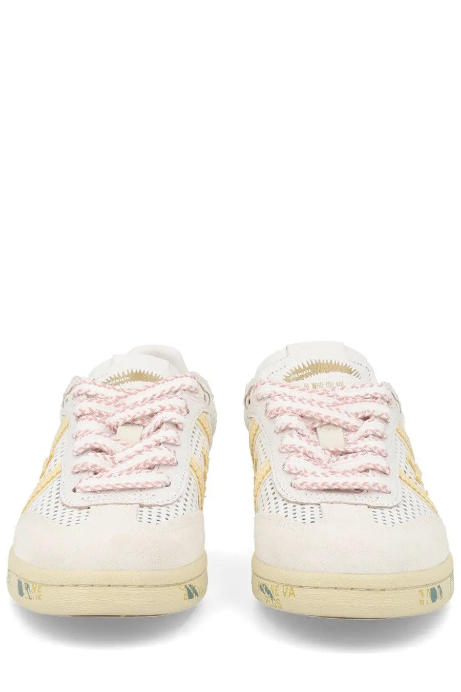 Premiata women’s sneaker Bonnied white perforated white and gold leather sneaker with pink laces front view