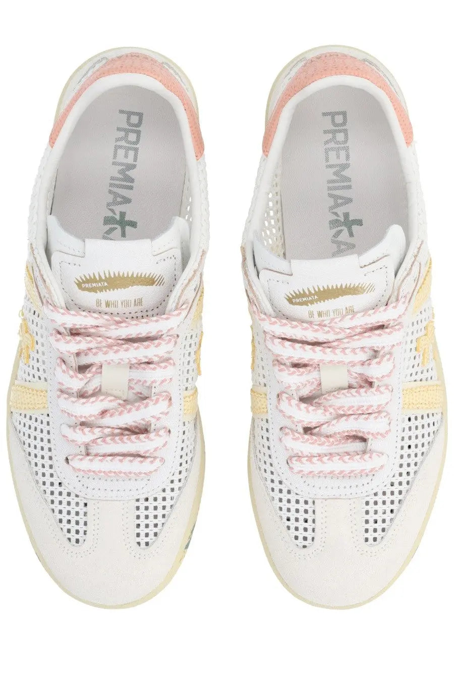 Premiata women’s sneaker bonnied white with white and pink perforated leather uppers and yellow side accents
