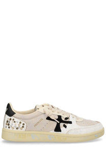Premiata women’s sneaker bsktclad beige in cream with black suede logo and studded side panel accents