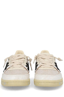 Premiata women’s sneaker bsktclad beige cream low-top with black embroidered logos and distressed white leather upper