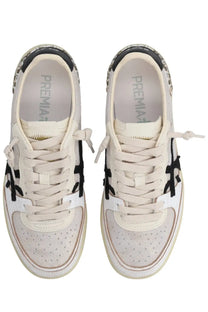Cream-colored Premiata women’s sneaker Bsktclad Beige with black accents and decorative embellishments
