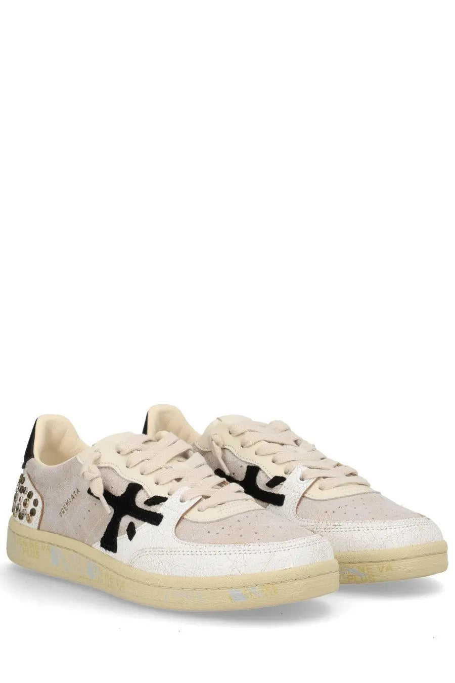 Premiata women’s sneaker bsktclad beige cream suede with black embroidered logos and studded heel accents back view
