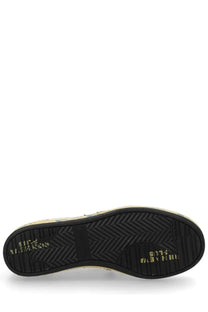 Back view of premiata women’s sneaker bsktclad white with black rubber sole and gold golden goose branding on heel