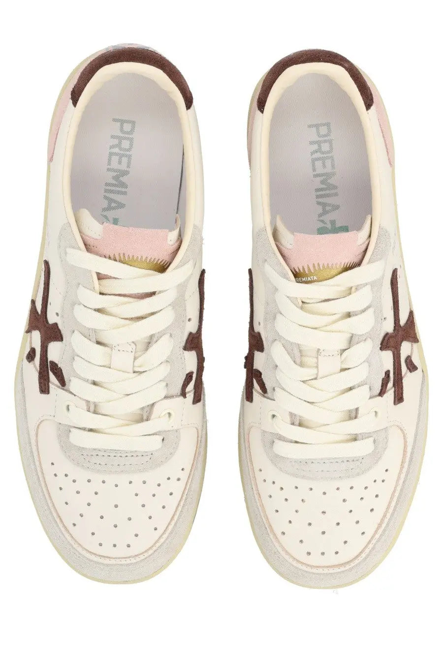 Premiata women’s sneaker Bsktclad white with white and brown perforated leather uppers and contrasting suede accents