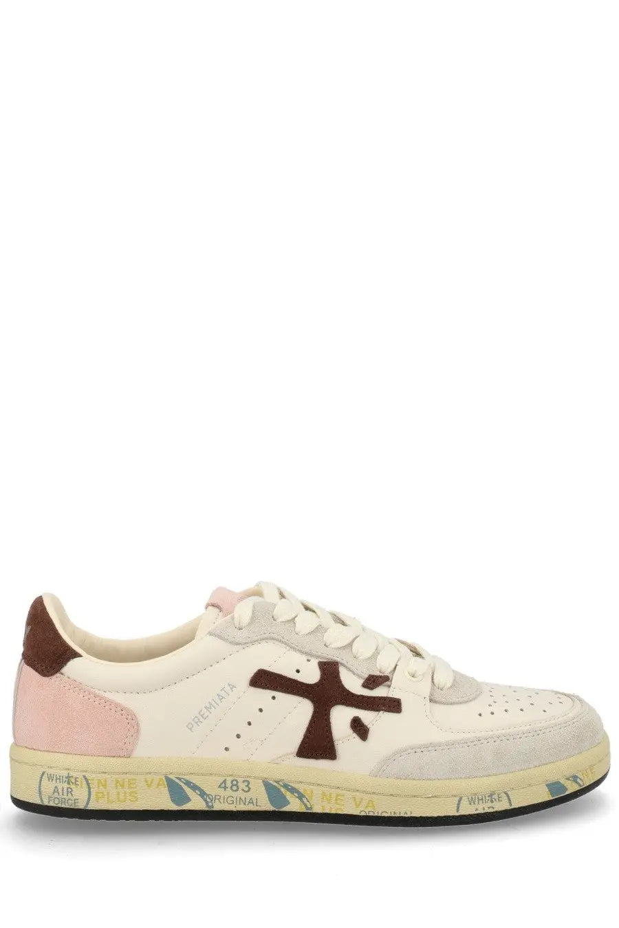 Premiata women’s sneaker bsktclad white cream low-top with pink and brown suede accents and distressed yellow sole
