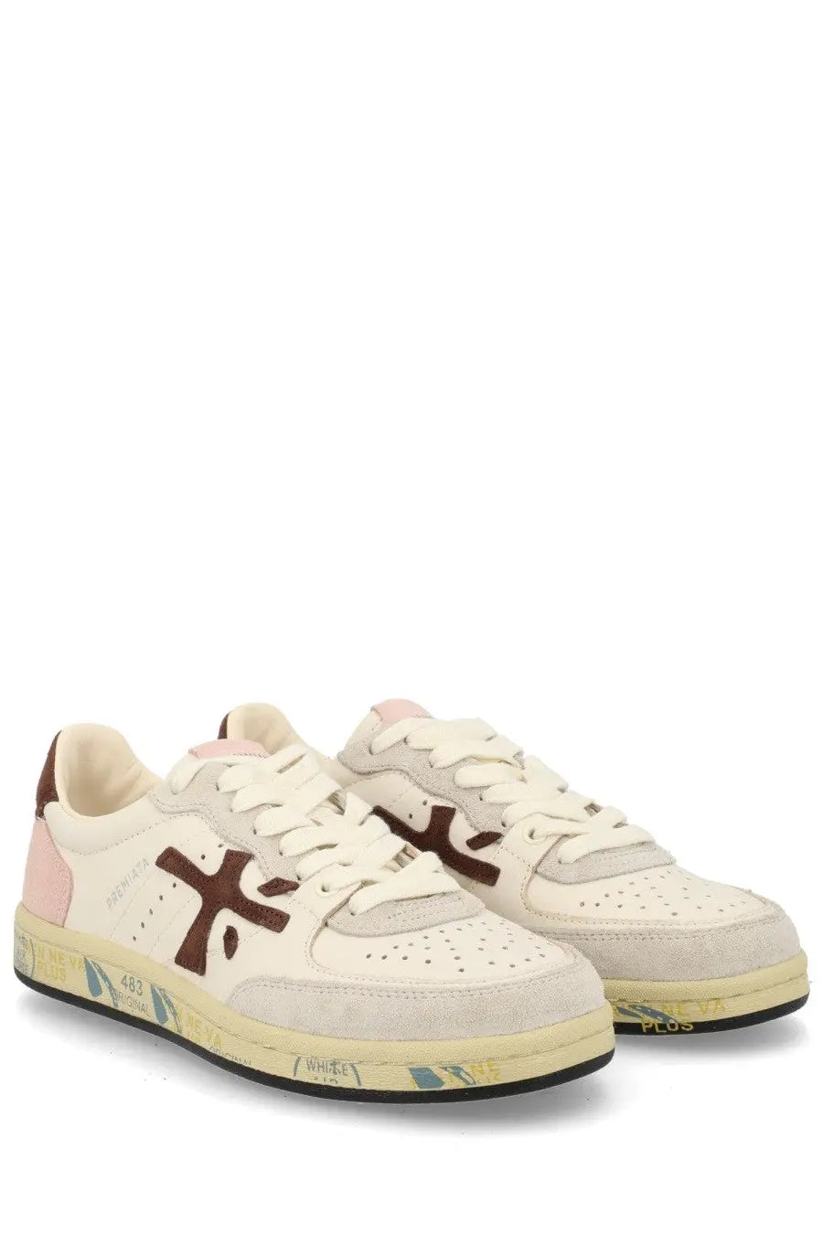 Premiata women’s sneaker bsktclad white cream suede and canvas with brown cross logo pink heel tab and yellow sole