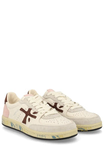 Premiata women’s sneaker bsktclad white cream suede and canvas with brown cross logo pink heel tab and yellow sole