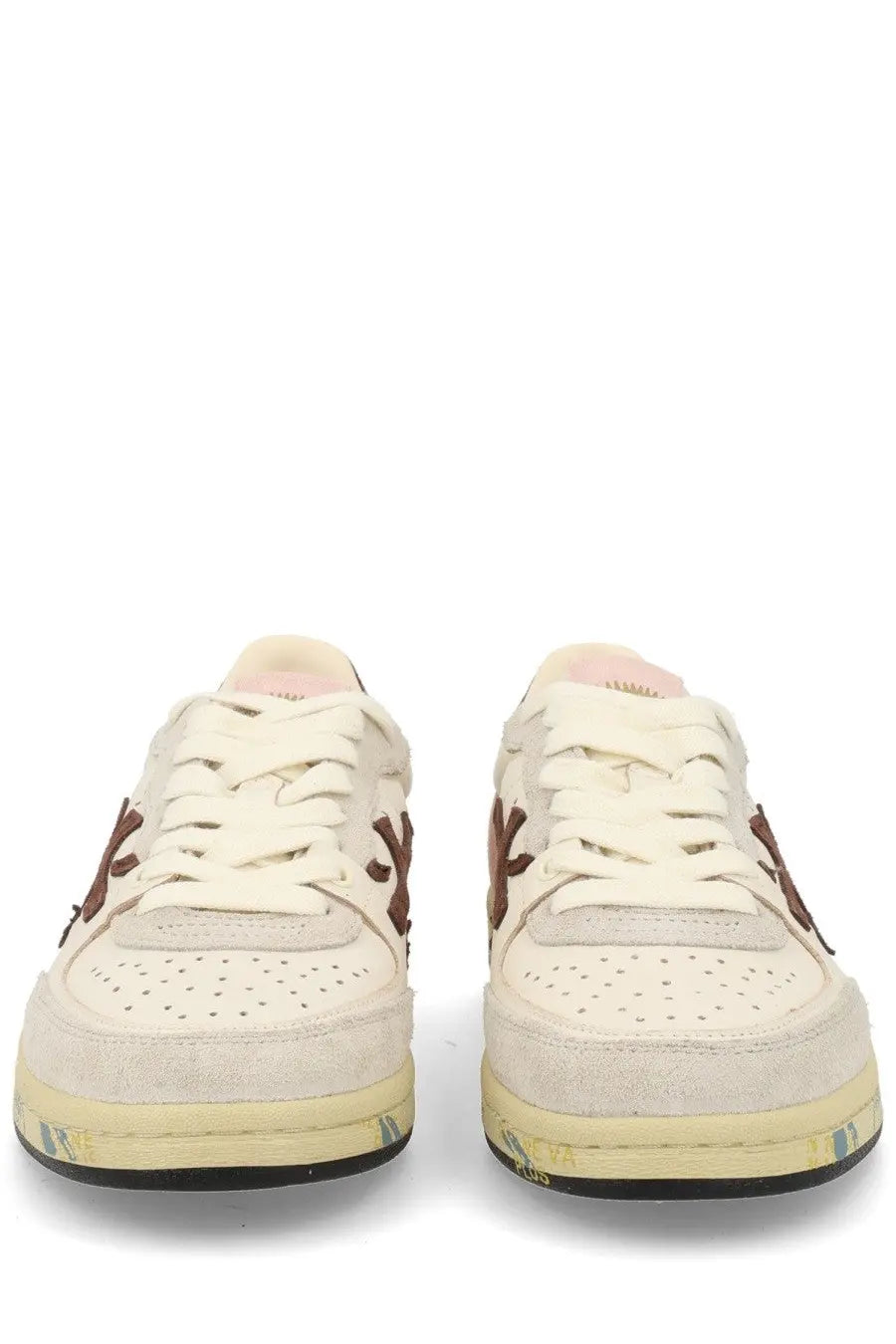 Premiata women’s sneaker bsktclad white cream suede low-top with brown embroidered logos and yellow rubber sole