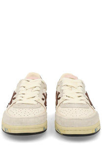Premiata women’s sneaker bsktclad white cream suede low-top with brown embroidered logos and yellow rubber sole