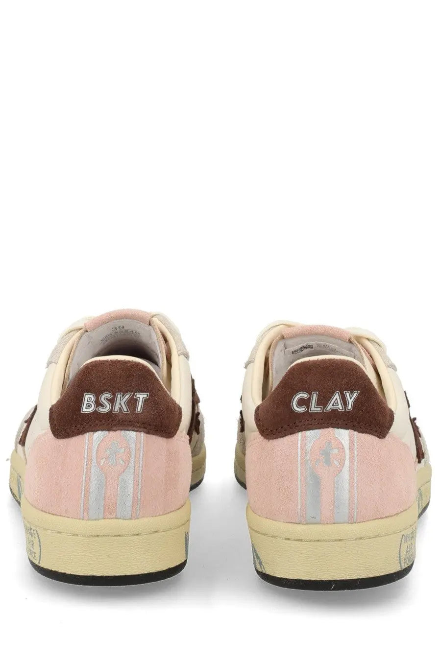 Premiata women’s low-top sneaker in pink and beige suede with brown heel tabs featuring bskt and clay branding