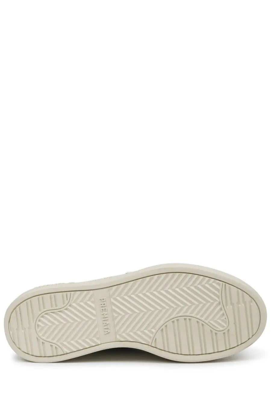 Premiata women’s sneaker claudia grey with cream-colored rubber sole herringbone tread and balmain embossed brand name