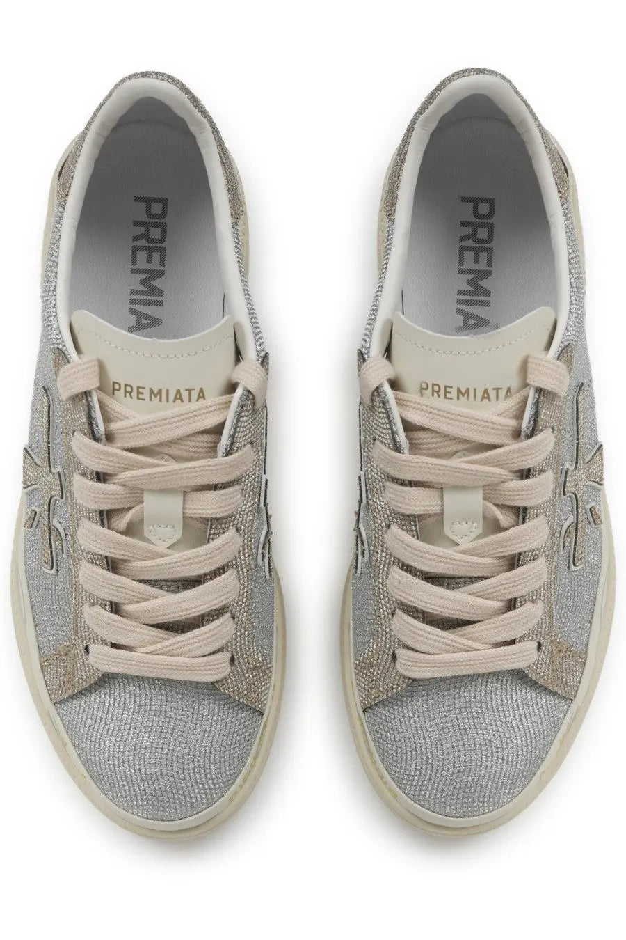 Premiata women’s sneaker Claudia grey silver glitter canvas with beige laces and white rubber sole featuring premiata insole