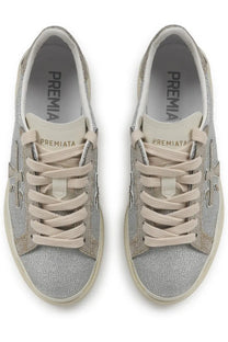 Premiata women’s sneaker Claudia grey silver glitter canvas with beige laces and white rubber sole featuring premiata insole