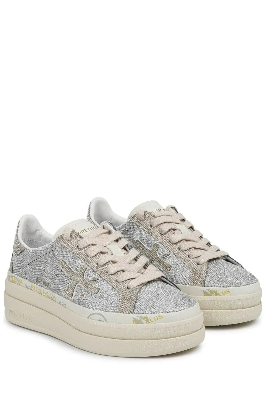 Premiata women’s sneaker Claudia grey with silver glitter textured upper cream laces sole and gold lettering along side