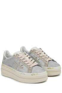 Premiata women’s sneaker Claudia grey with silver glitter textured upper cream laces sole and gold lettering along side
