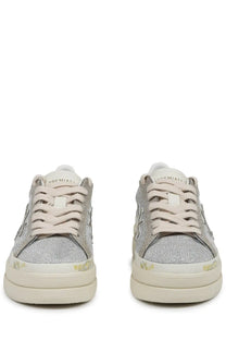 Premiata women’s sneaker Claudia grey silver glitter with beige laces white rubber sole and gold branding
