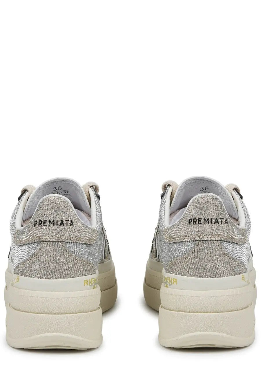 Back side of premiata women’s sneaker claudia grey silver textured with chunky off-white sole and premiata branding on heel