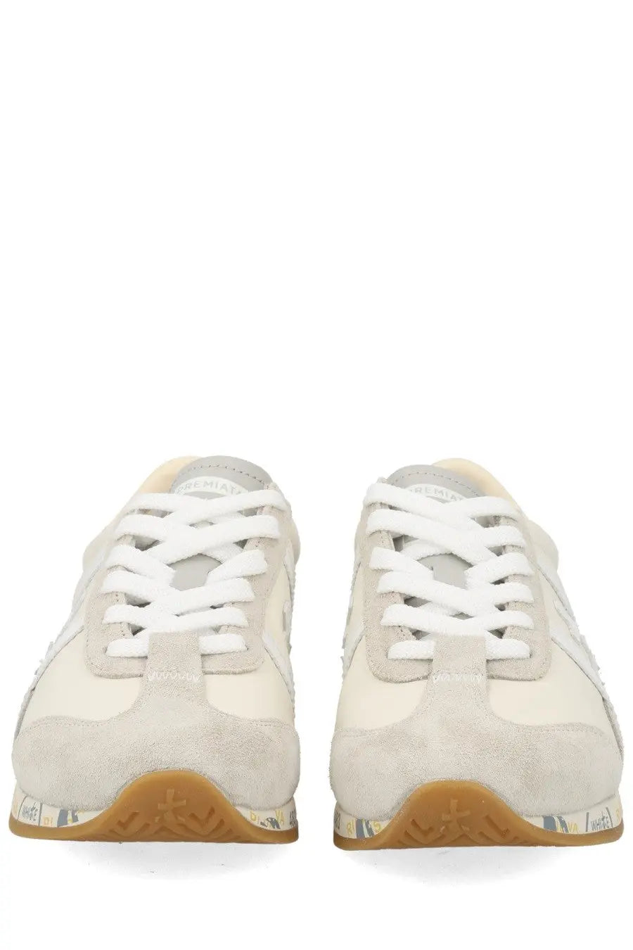 Premiata women’s sneaker jackyx 25d white beige suede and canvas low-top sneakers with white laces and tan rubber sole