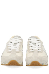 Premiata women’s sneaker jackyx 25d white beige suede and canvas low-top sneakers with white laces and tan rubber sole