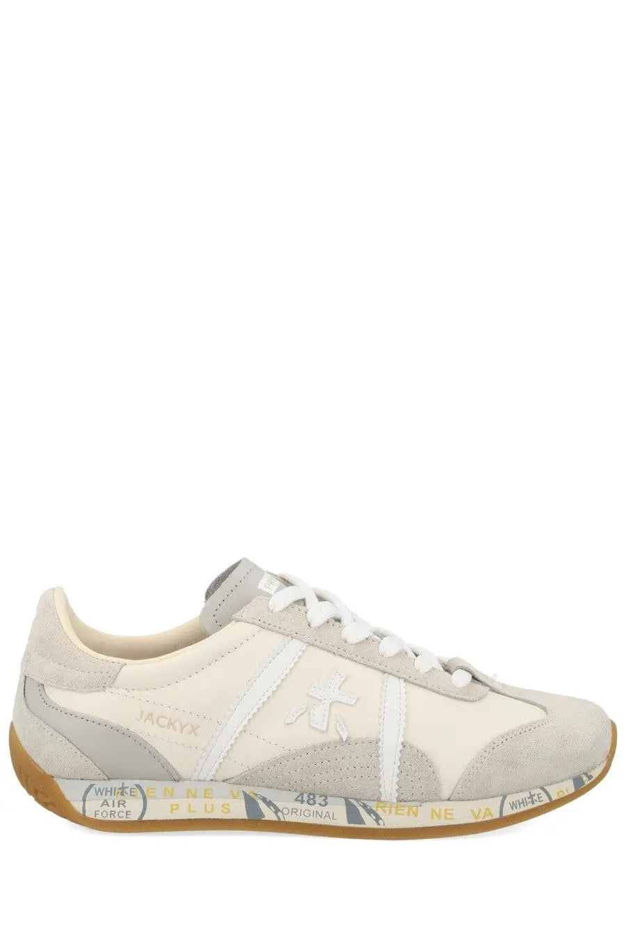 Premiata women’s sneaker jackyx 25d in cream with gray suede accents and gum rubber sole with vintage text details