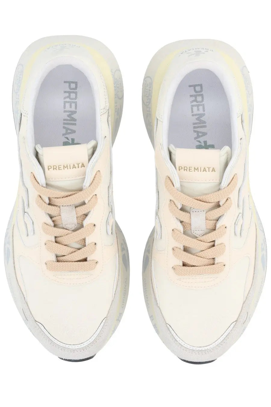 Cream-colored premiata women’s sneaker lauryn with chunky translucent white sole and matching laces