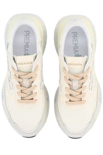Cream-colored premiata women’s sneaker lauryn with chunky translucent white sole and matching laces