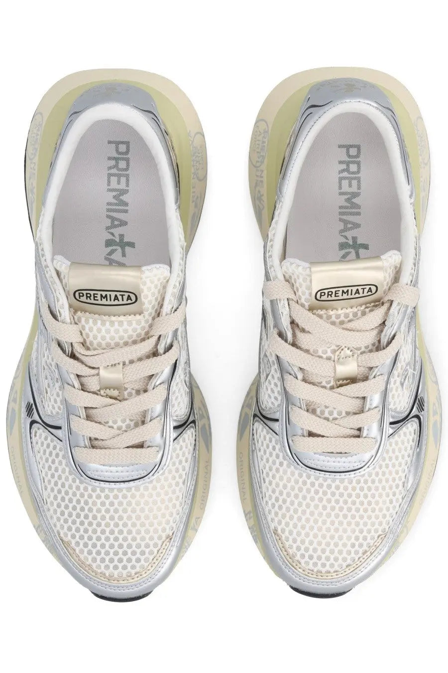 Premiata women’s sneaker Lauryn white cream mesh with silver accents and translucent yellow sole featuring brand logo