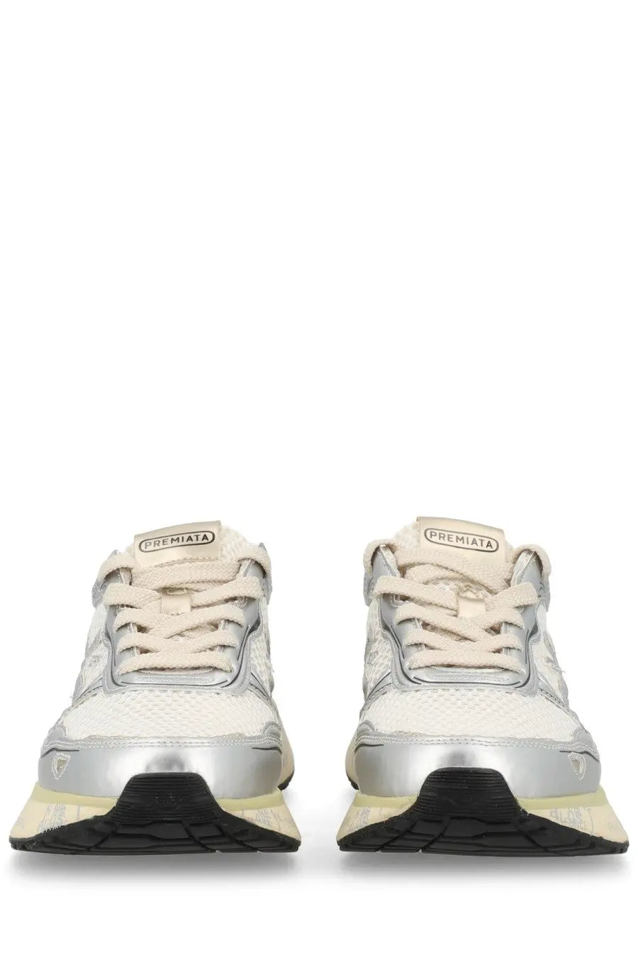 Premiata women’s sneaker lauryn white cream-colored and silver mesh sneakers with a sleek modern design
