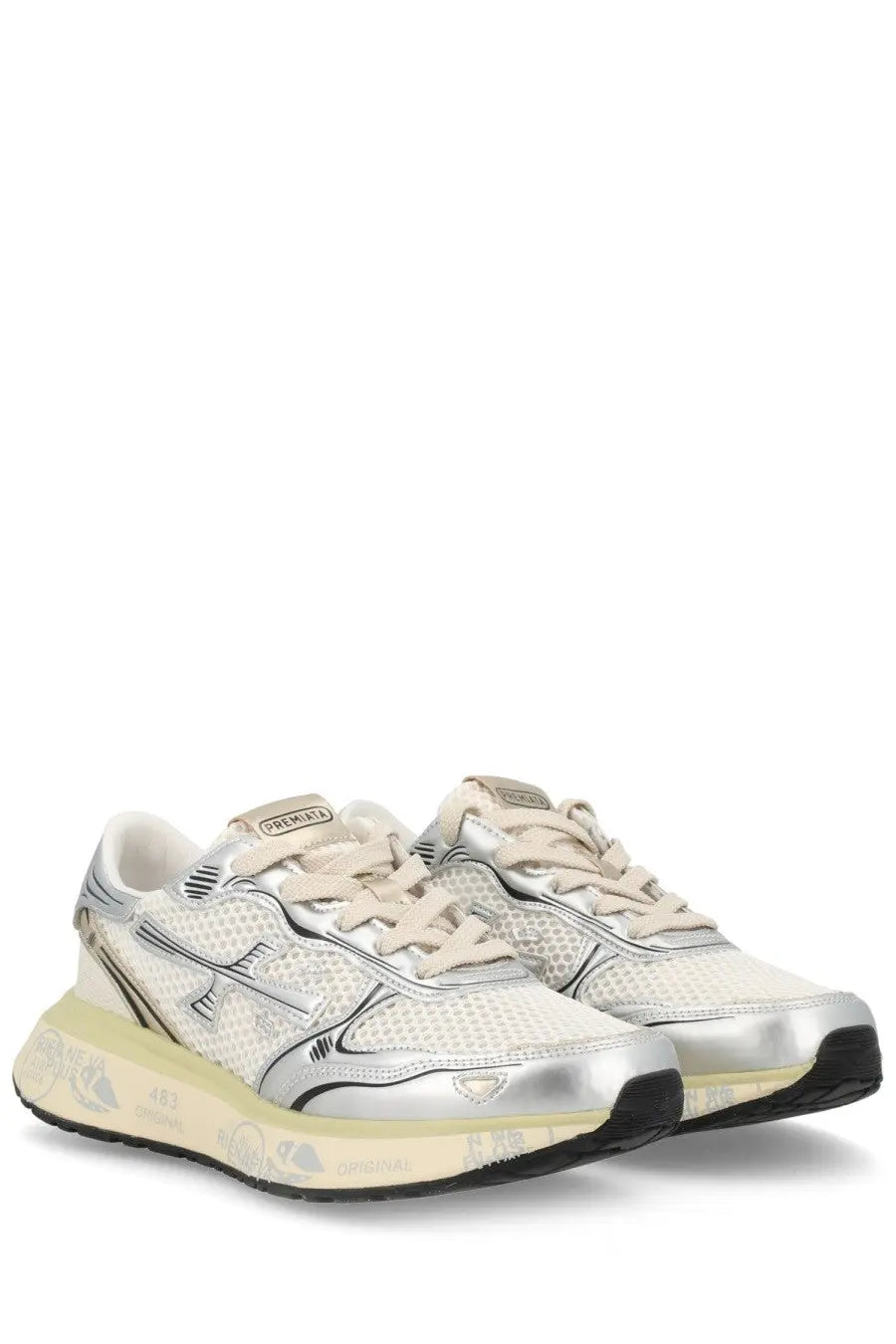 Premiata women’s sneaker Lauryn White silver and cream athletic sneakers with mesh upper metallic accents and chunky sole