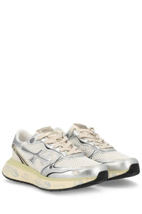 Premiata women’s sneaker Lauryn White silver and cream athletic sneakers with mesh upper metallic accents and chunky sole