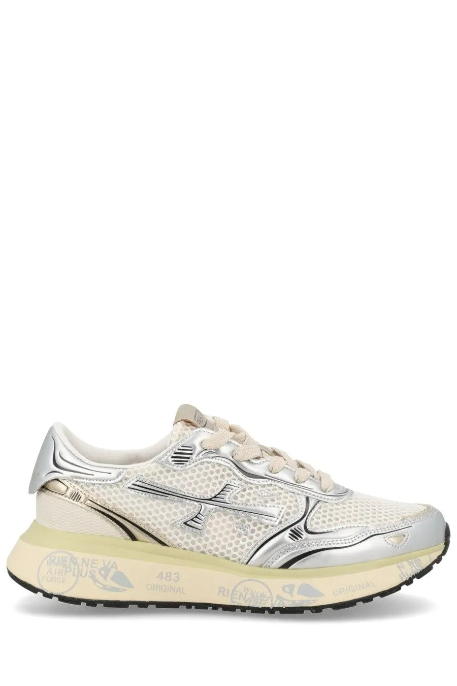 Premiata women’s sneaker Lauryn white in silver and cream mesh with metallic accents and chunky sole