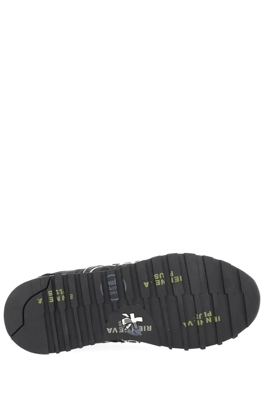Black rubber sole with textured tread and yellow branding on premiata women’s sneaker lucy black