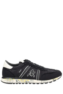 Premiata women’s sneaker lucy black in black suede and textile with white accents and bold logo on the side