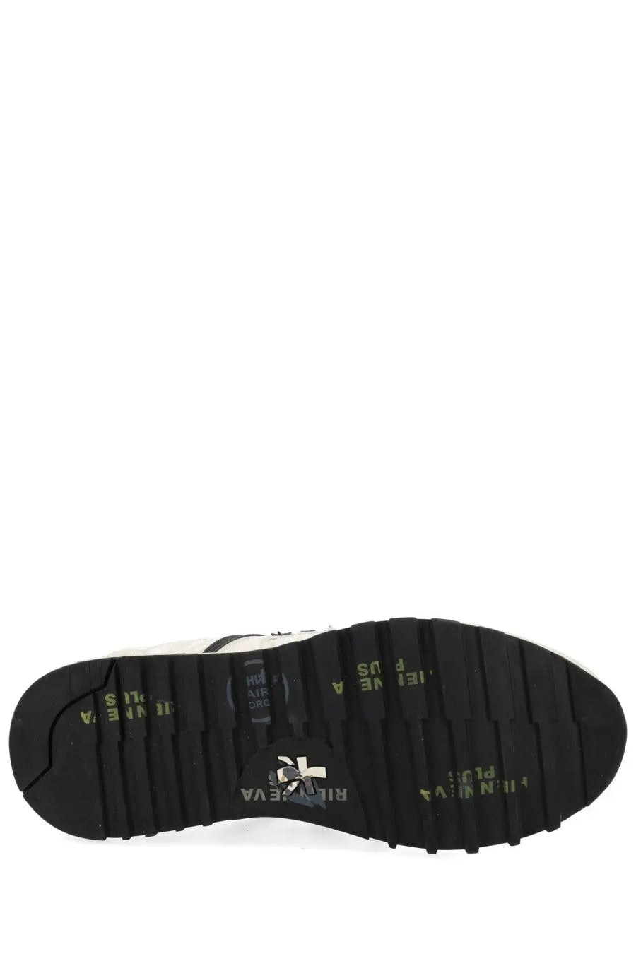 Black rubber sole with textured tread and embossed branding on premiata women sneaker lucy white back side