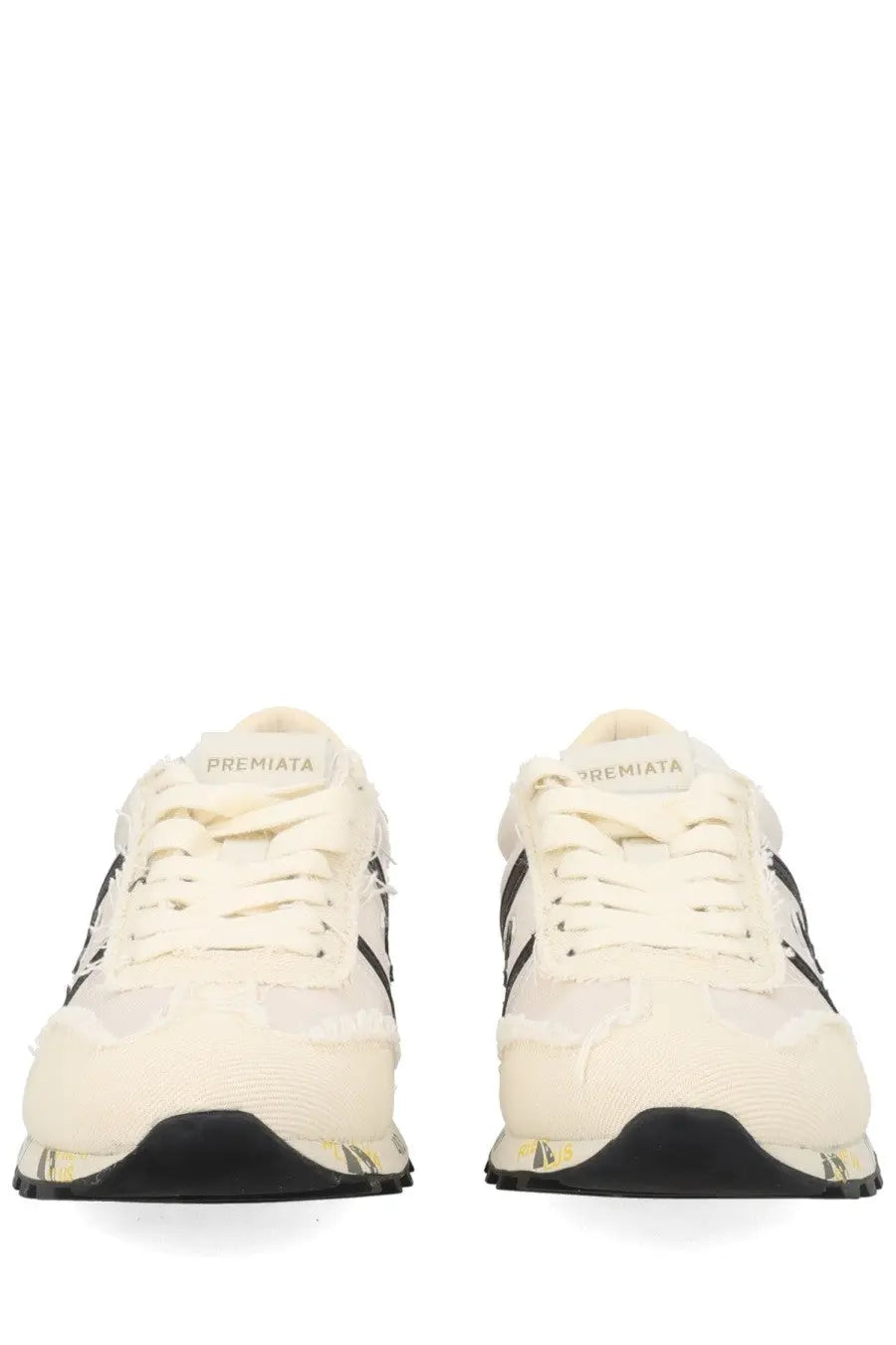 Premiata women’s sneaker lucy white cream-colored with black stripes and textured distressed upper
