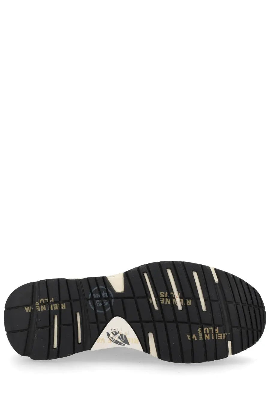 Black rubber sole with white accents and gold lettering featuring a triangular logo on the back of premiata women’s sneaker mased beige