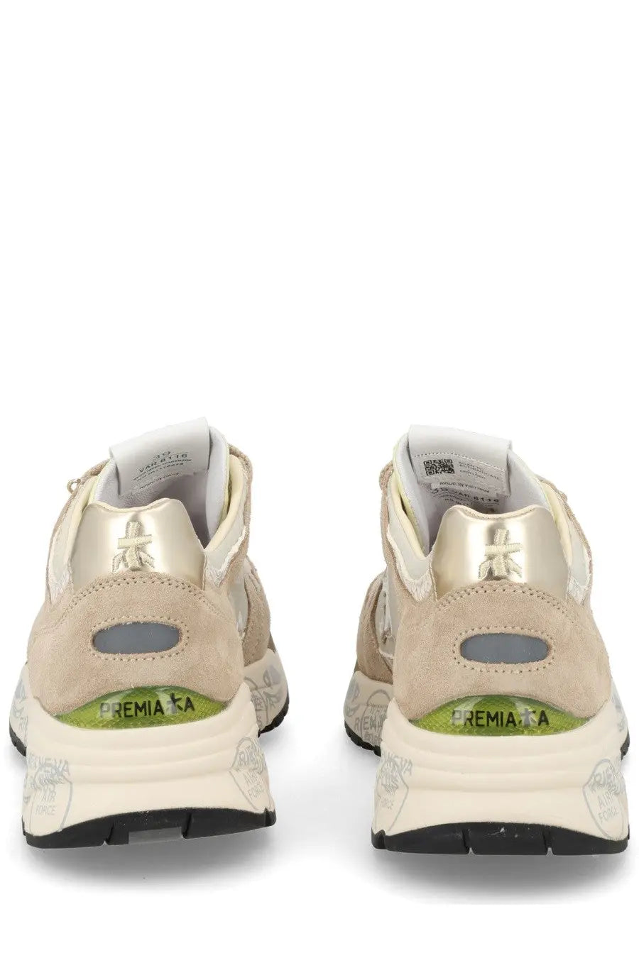 Back view of cream-colored suede premiata women’s sneaker mased beige with metallic gold accents and green logo on heel