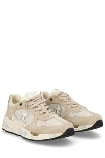 Premiata women’s sneaker mased beige in beige suede and mesh with white cross logo and black rubber soles