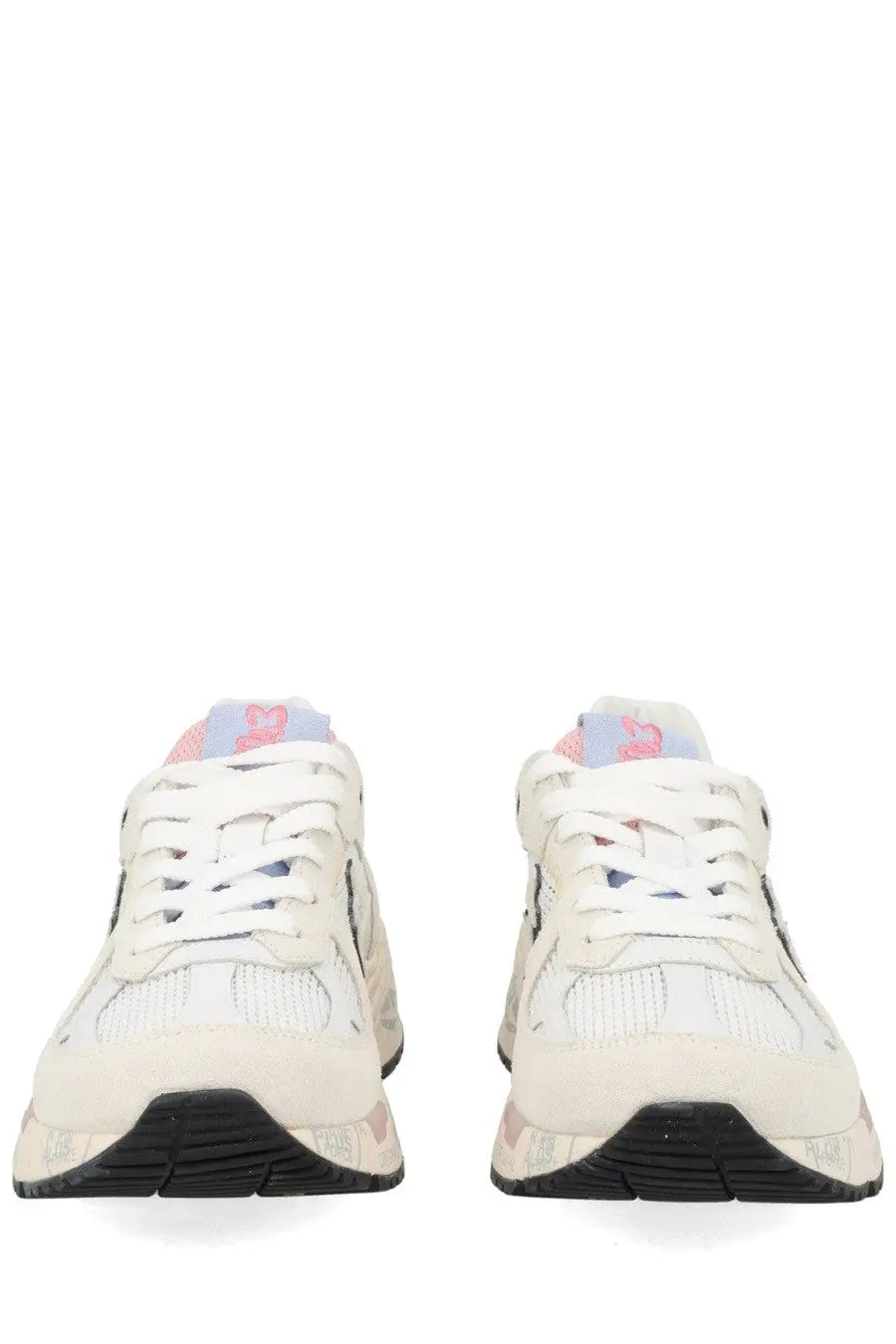 Premiata women’s sneaker Mased white with white and black mesh uppers suede accents and subtle pink logo on tongue