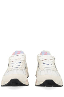 Premiata women’s sneaker Mased white with white and black mesh uppers suede accents and subtle pink logo on tongue